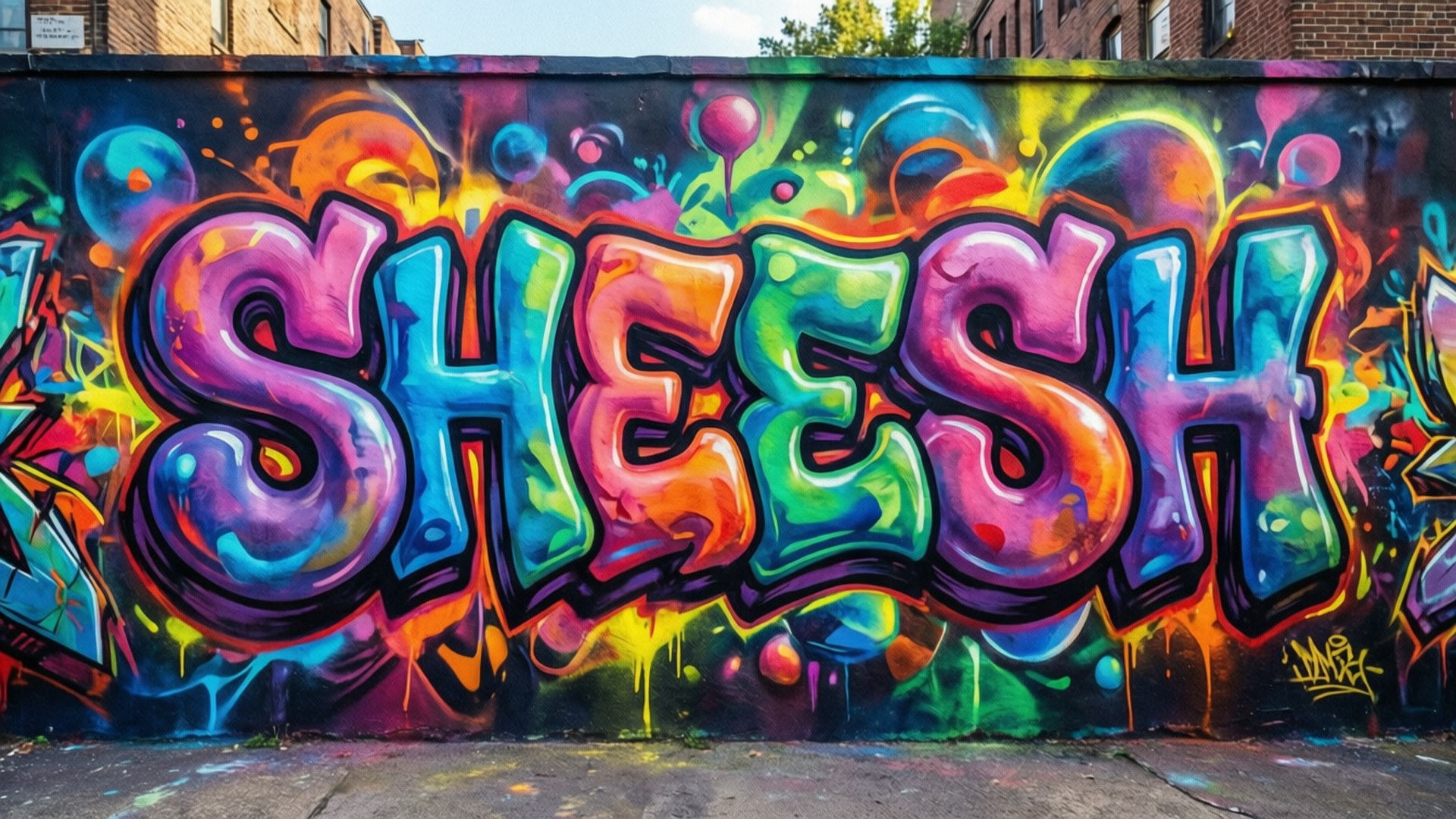 Sheesh Graffiti Art 壁紙 — 充滿活力的塗鴉壁畫在深色牆壁上用粗體彩虹3D字母拼出「SHEESH」，並帶有彩色泡泡飛濺。
