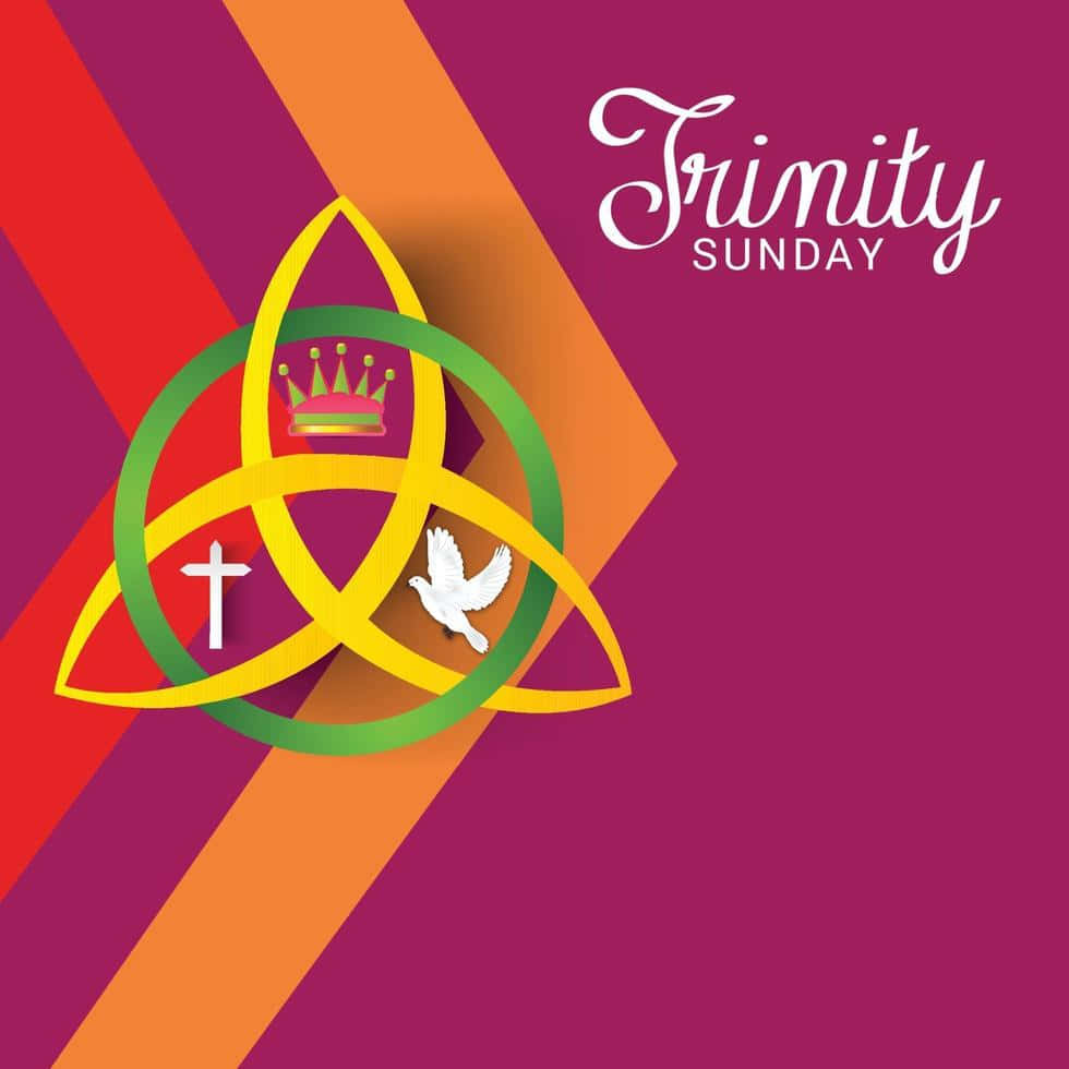  壁紙 — 充滿活力的圖形設計，以三曲腿圖、十字架、皇冠、鴿子和文字 Trinity Sunday 為特色，置於彩色對角條紋上。