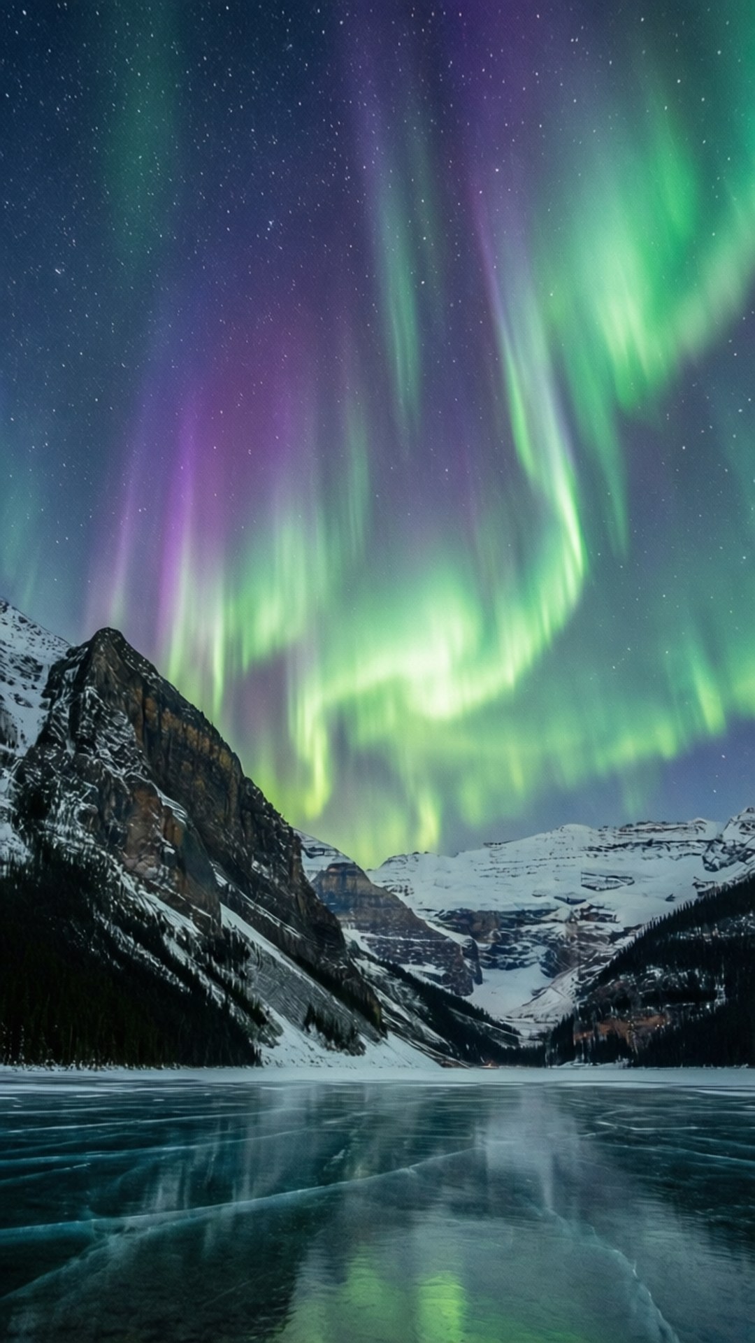 Aurora Over Mountains 壁紙 — 充滿活力的綠色和紫色北極光在星空下舞動，映照在冰凍湖面上的雪山之上。