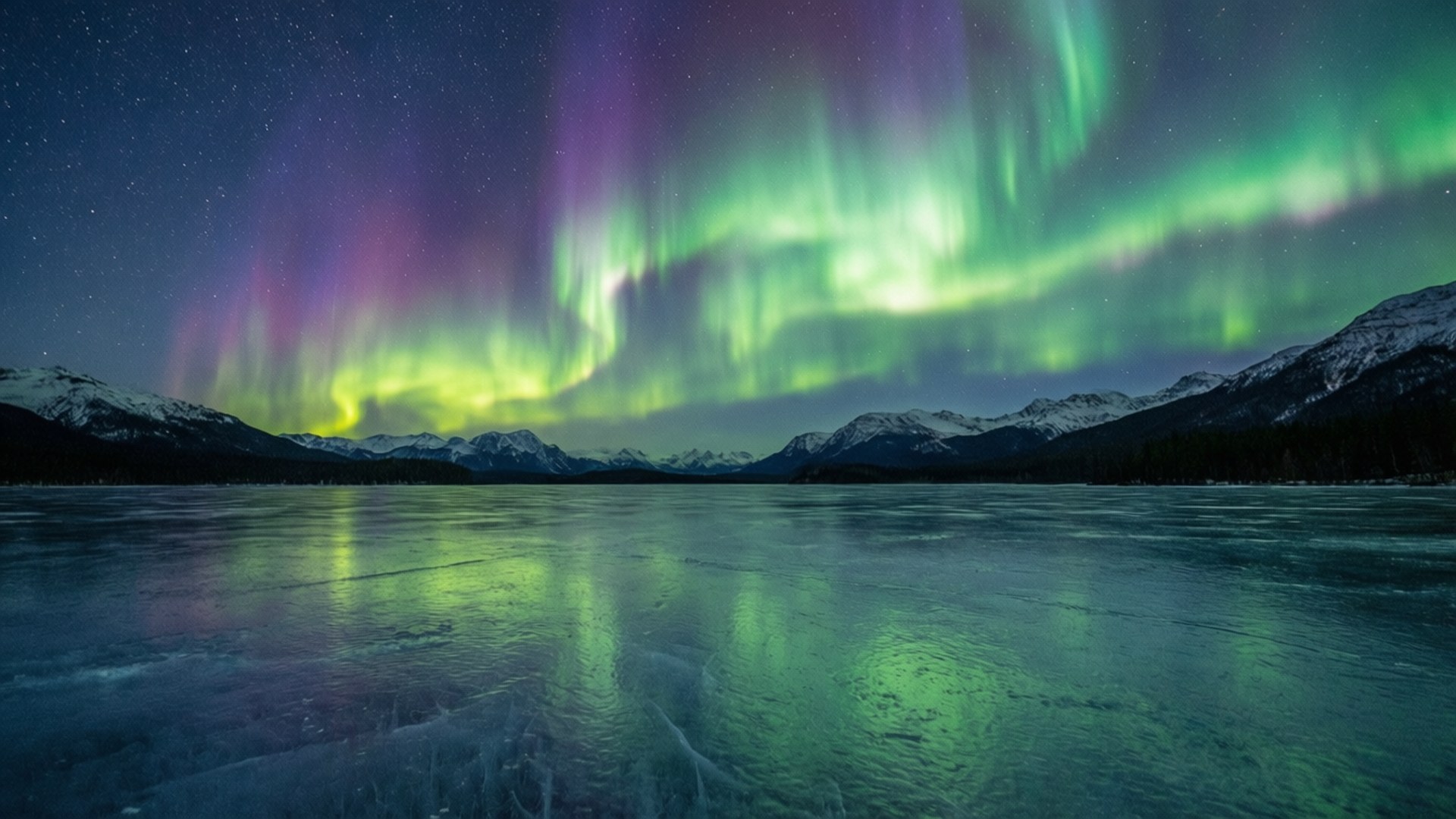 Aurora over Frozen Lake 壁紙 — 充滿活力的綠色和紫色北極光在星空下舞動，映照在冰凍湖面上的雪山之上。