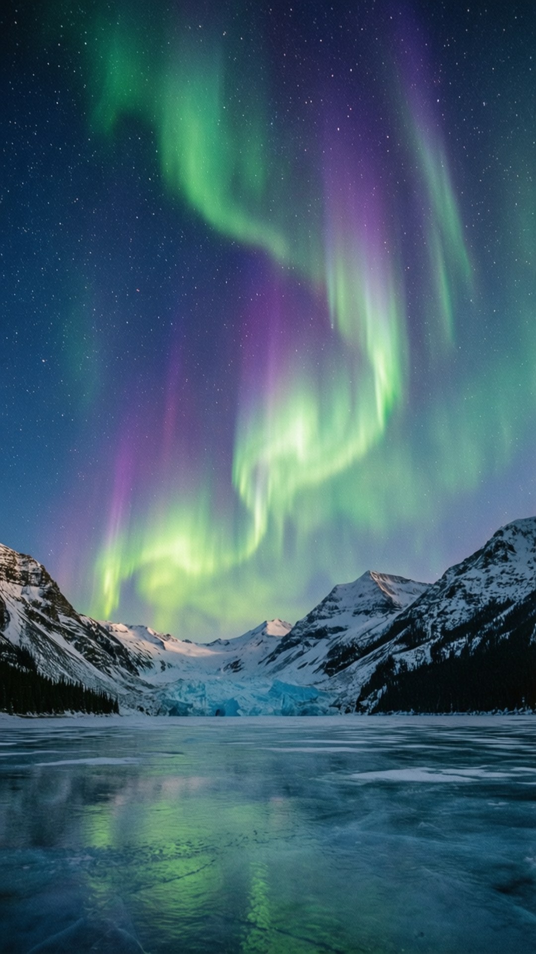 Aurora Over Peaks 壁紙 — 充滿活力的綠色和紫色極光在星空下舞動，照耀著積雪覆蓋的山脈和冰凍的湖泊。
