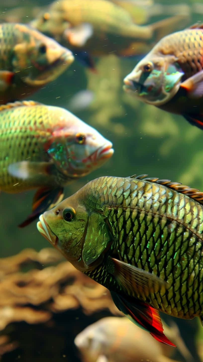  壁紙 — 鮮豔的綠色和紅色魚兒在清澈的水中優雅地游動，下方是岩石基底。