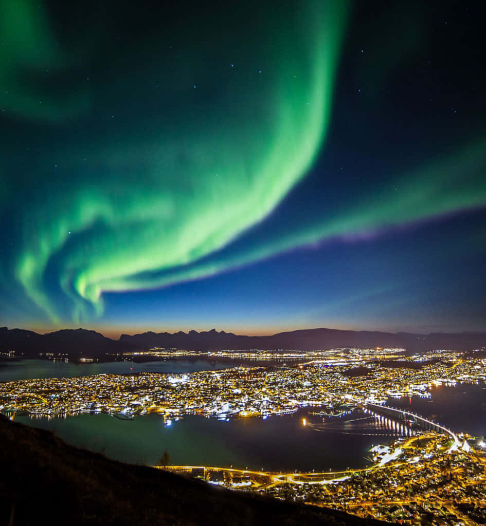 Tromsø 桌布 壁紙 — 充滿活力的綠色北極光在星空下，於群山環抱的閃爍沿海城市上空舞動。