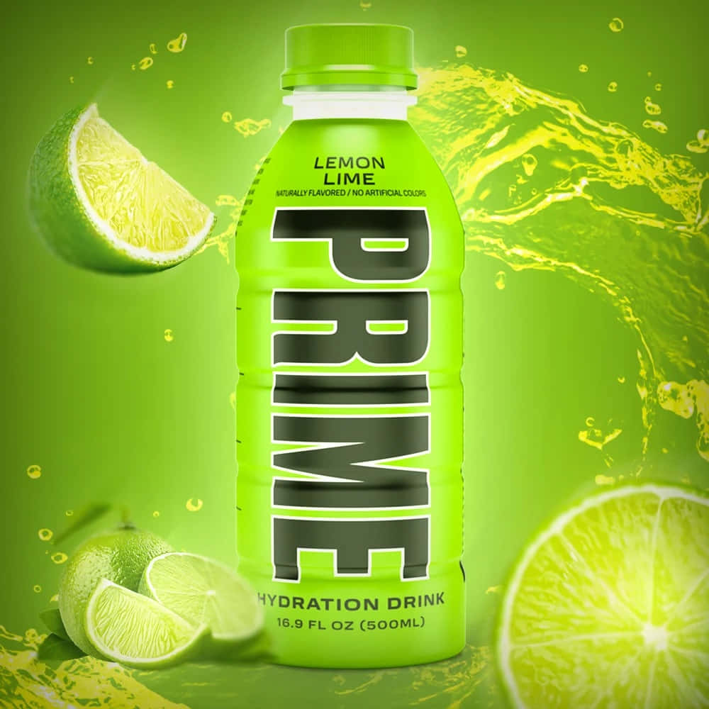  壁紙 — 一瓶充滿活力的綠色Prime Lemon Lime補水飲料，周圍環繞著飛舞的萊姆片和飛濺的柑橘汁，背景是發光的綠色。