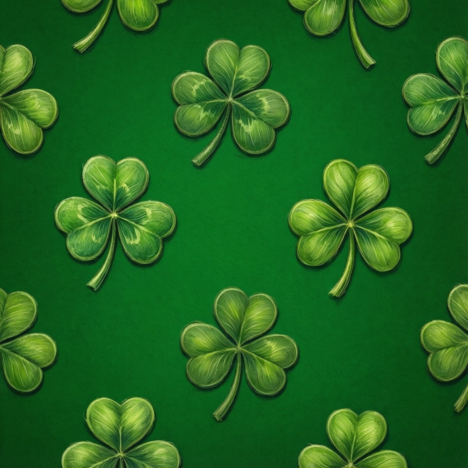 Irish 壁紙 — 充滿活力的綠色四葉草，帶有細緻的葉脈，漂浮在純深綠色背景上。