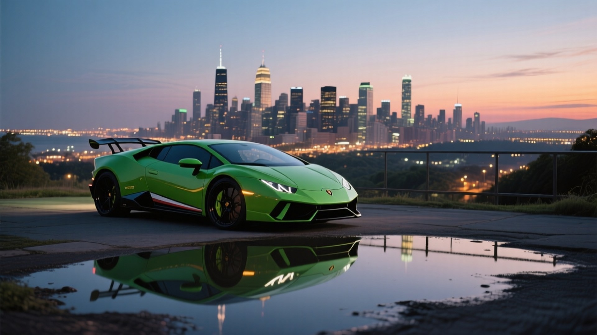 Cityscape Prowl 壁紙 — 一輛充滿活力的綠色藍寶堅尼 Huracán Performante 停放在潮濕的道路上，黃昏時分壯麗的城市天際線倒映在水坑中。