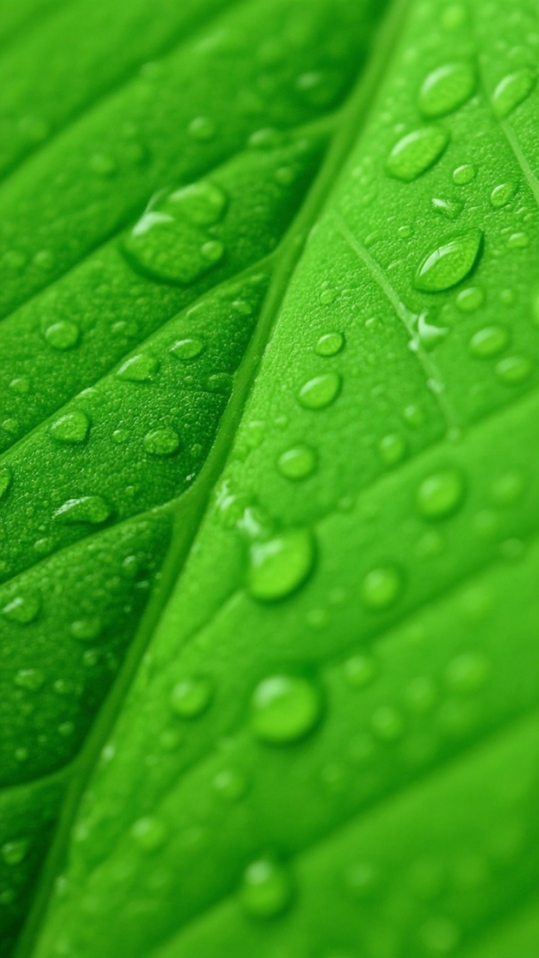 Leaf Drops Vertical 壁紙 — 充滿活力的綠色葉面閃爍著清澈的露珠，在微距細節中捕捉光線。
