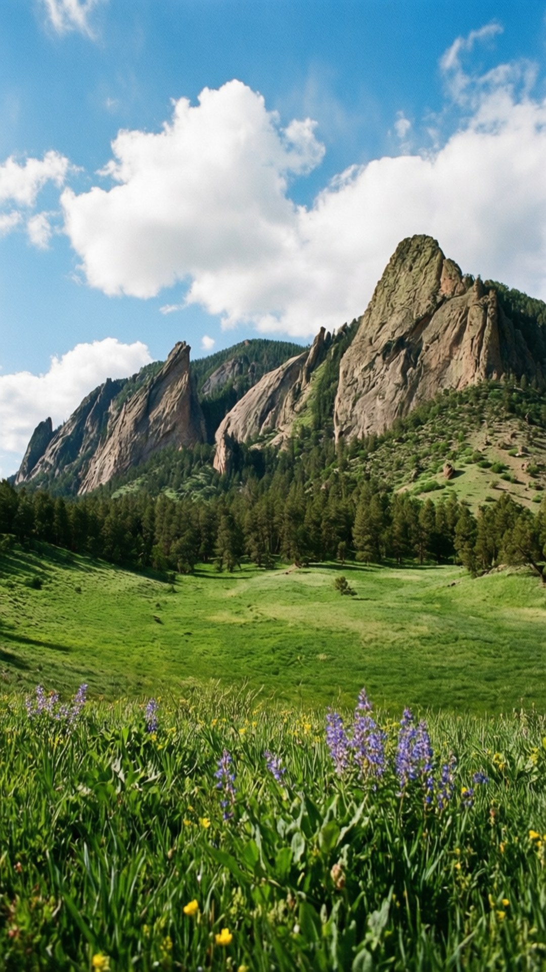 Flatirons Spring Bloom 壁紙 — 一片充滿活力的綠色草地，點綴著紫色和黃色的野花，延伸向高聳的紅色岩層，上方是明亮的藍天和蓬鬆的白雲。
