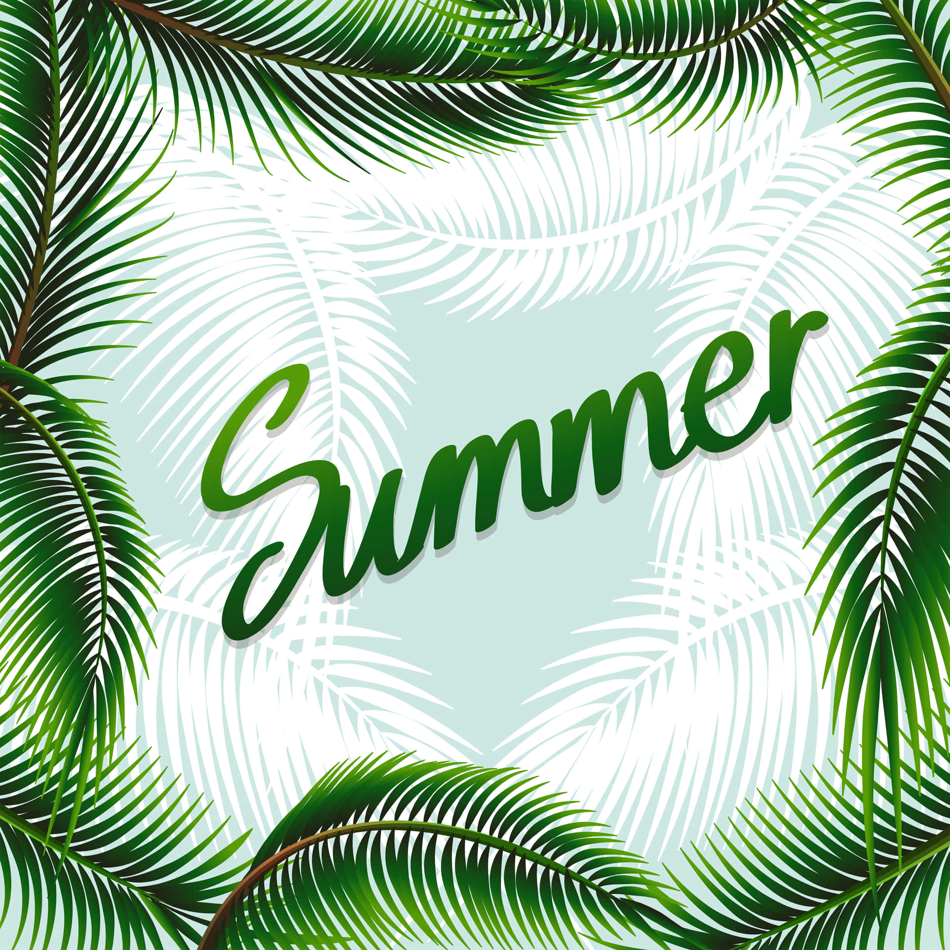  壁紙 — 充滿活力的綠色棕櫚葉在淺藍色背景上以粗體字框住「Summer」一詞，並帶有白色葉子剪影。