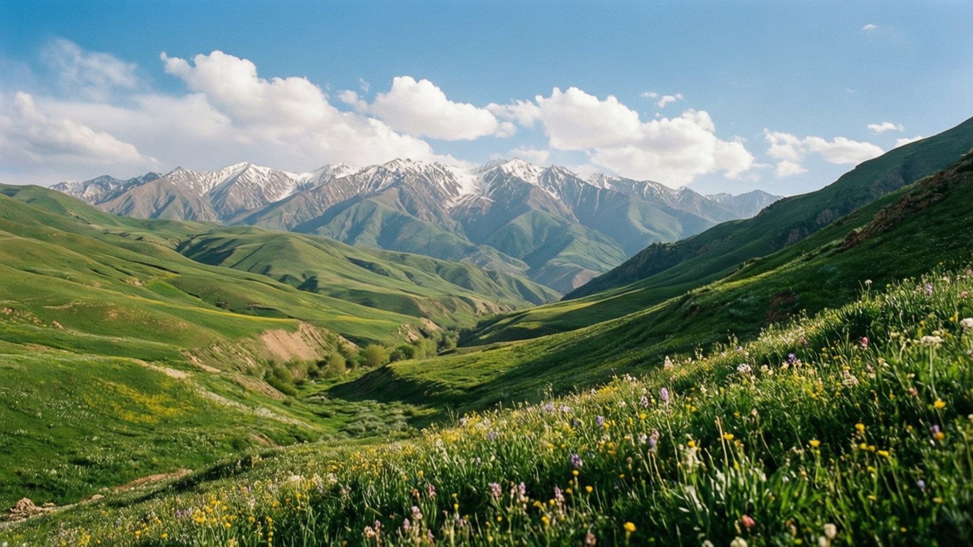 Kurdish Spring Blooms 壁紙 — 充滿活力的綠色起伏山丘點綴著野花，通向遠處白雪覆蓋的山脈，在明亮的藍天下有蓬鬆的白雲。