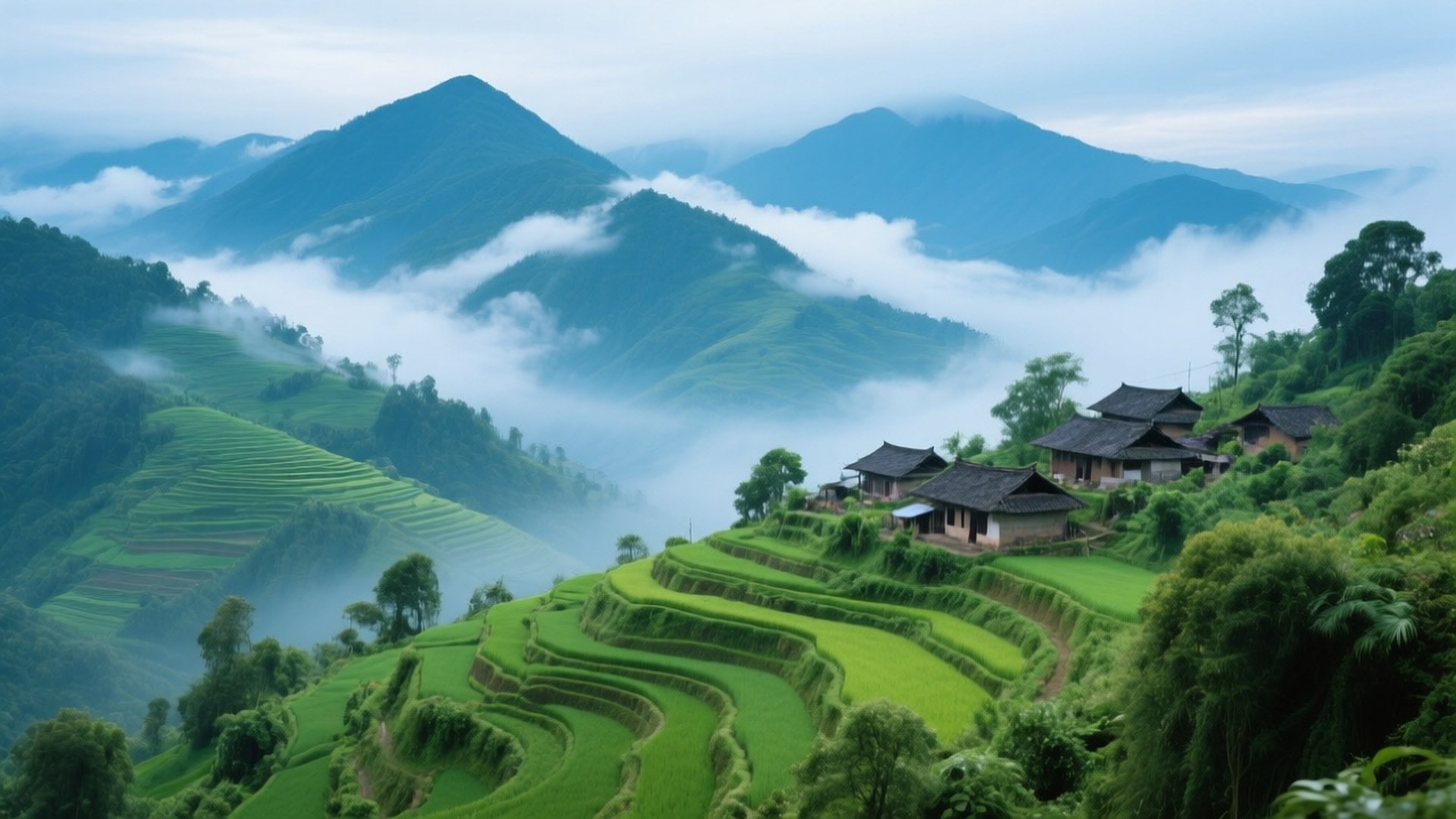 Asir Green Terraces 壁紙 — 充滿活力的綠色梯田沿著霧濛濛的山坡層層疊疊，傳統木屋隱藏在茂密的森林中。