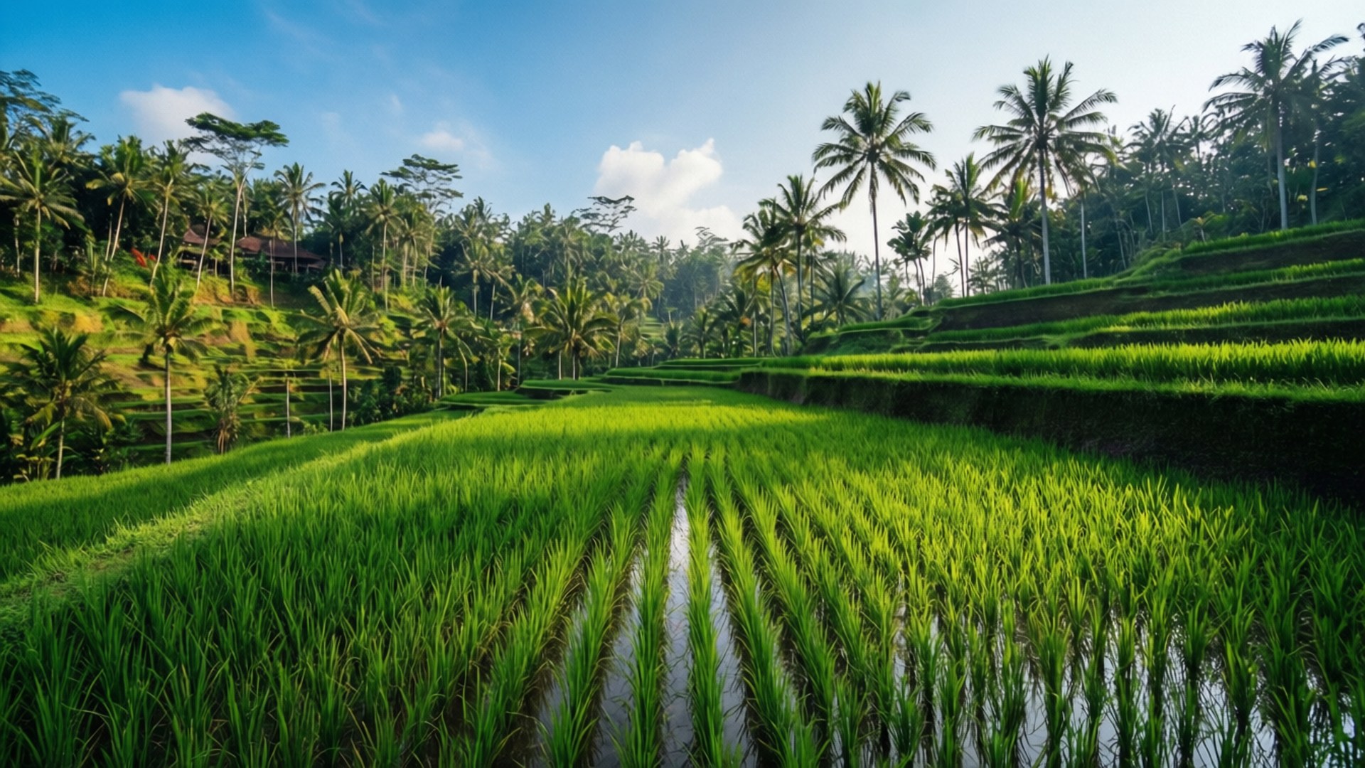 Bali Rice Terraces 壁紙 — 充滿活力的綠色梯田沿著山坡層疊而下，上方是明亮的藍天，點綴著蓬鬆的白雲。