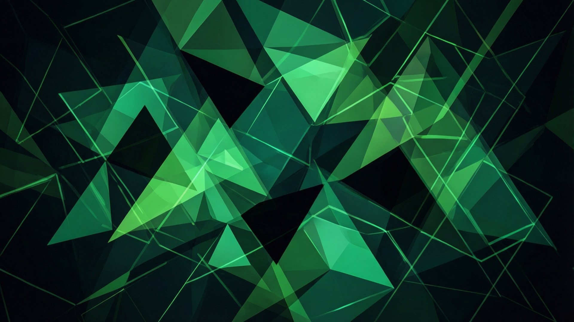 Green Tech Geometry 壁紙 — 充滿活力的綠色三角形切面在深色背景上發光，形成動態的抽象構圖。