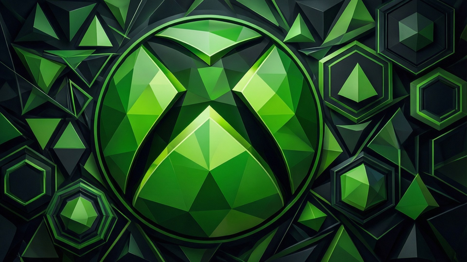 Geometric Xbox Logo Art 壁紙 — 一個充滿活力的綠色Xbox標誌，以低多邊形幾何碎片渲染，背景為深色六邊形和三角形刻面。