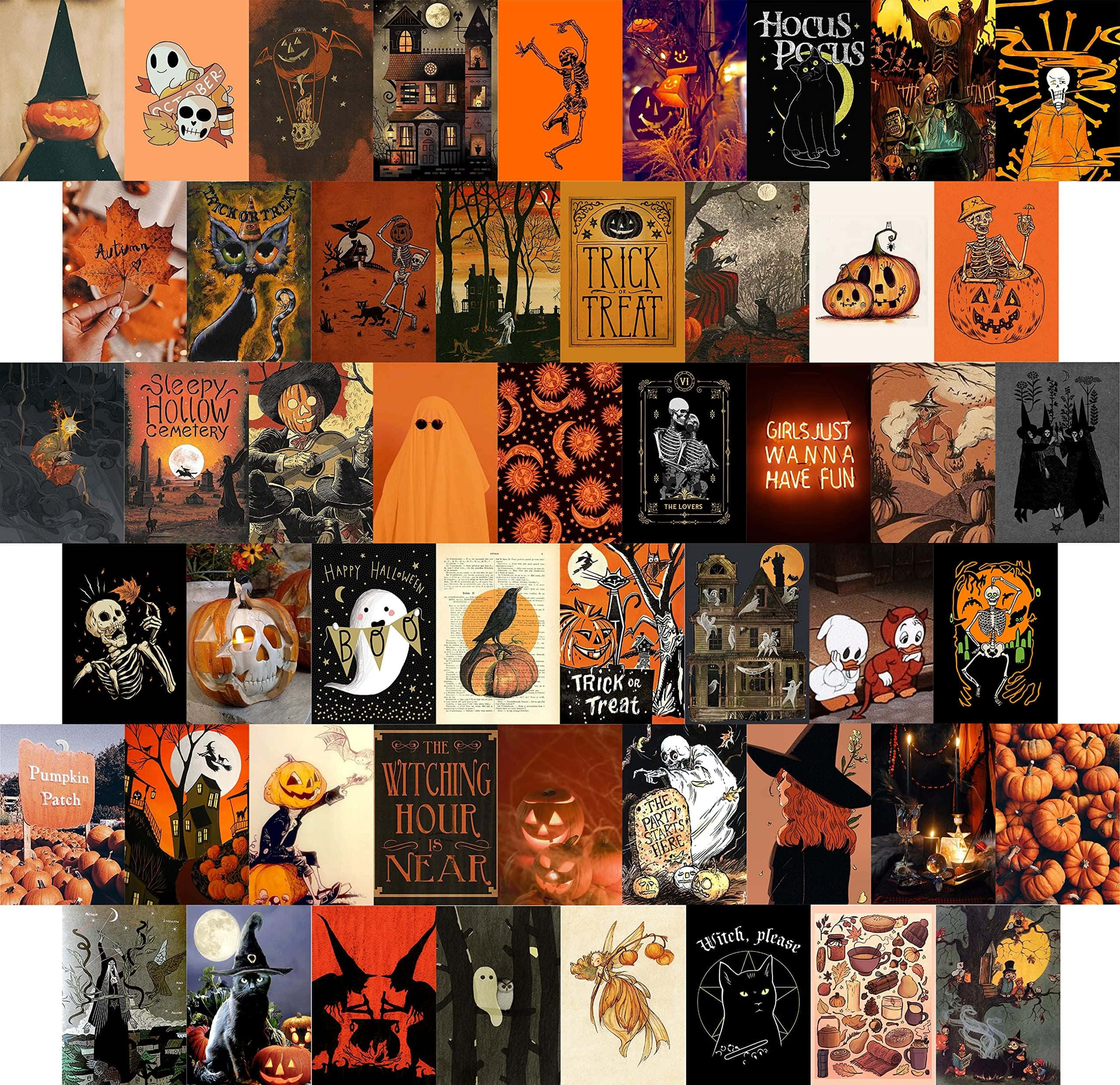 Fall Halloween Aesthetic 桌布 壁紙 — 充滿活力的萬聖節拼貼畫，以南瓜、鬼魂、女巫和恐怖場景為特色，採用橙色、黑色和深紅色調。