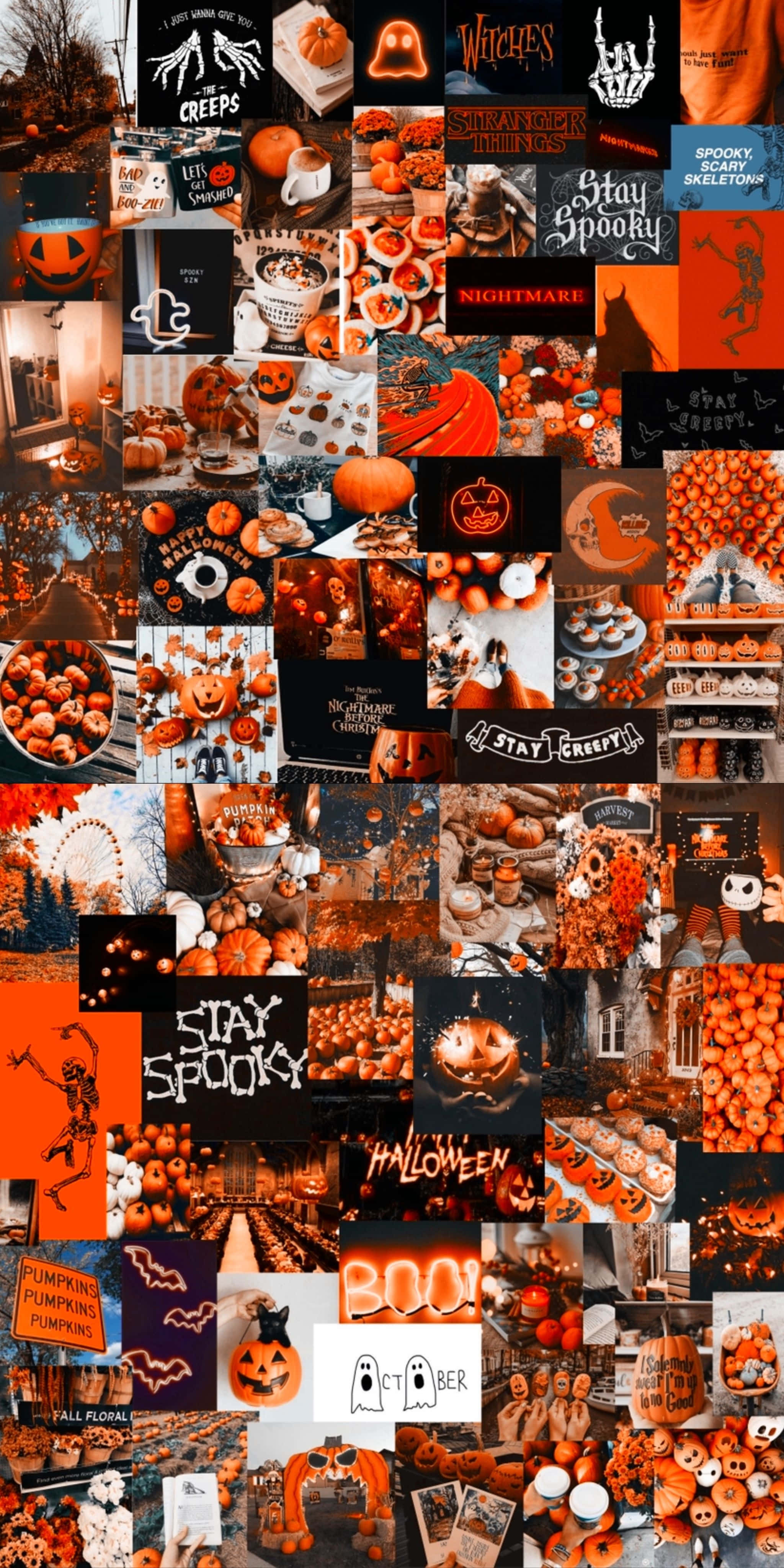 Fall Halloween Aesthetic 桌布 壁紙 — 充滿活力的萬聖節拼貼畫，包含橙色南瓜、傑克燈籠、恐怖標誌和節日美食，在溫暖的環境燈光下。