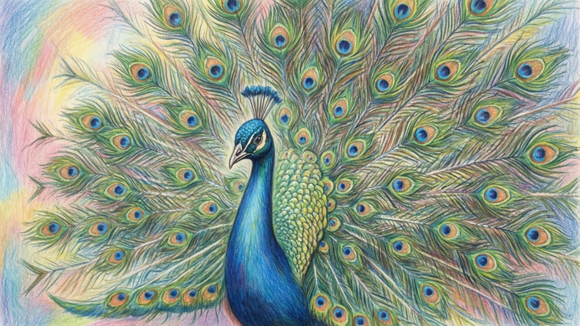 Pastel Peacock Splendor 壁紙 — 一隻充滿活力的手繪孔雀在柔和的漸變粉彩背景上展示其閃爍藍綠金色的羽毛尾巴。