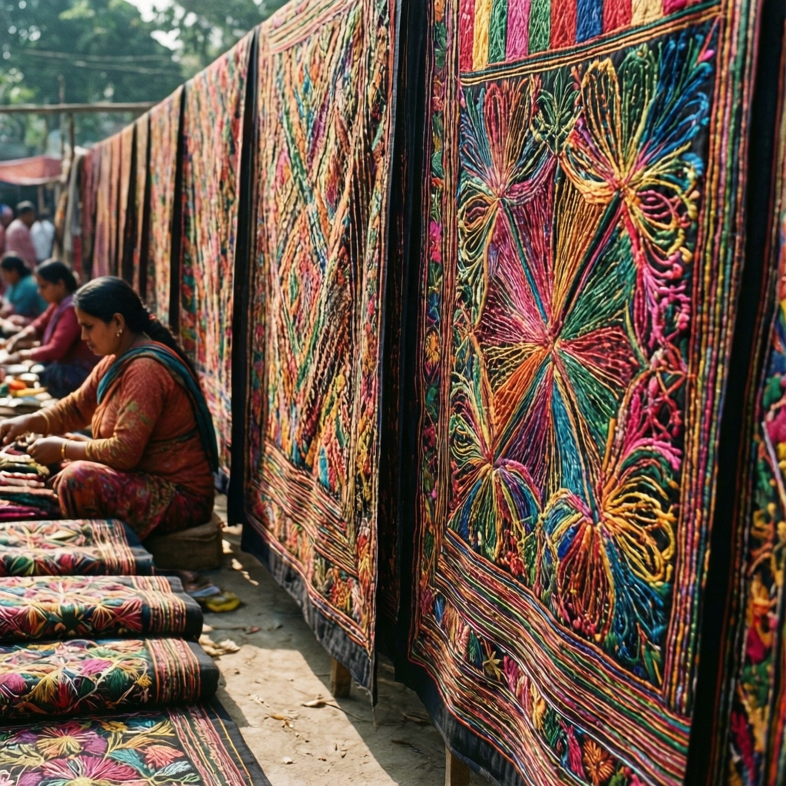 Nakshi Kantha Crafts 壁紙 — 色彩鮮豔的手工刺繡紡織品成排懸掛，工匠們在明亮的日光下製作精細圖案。