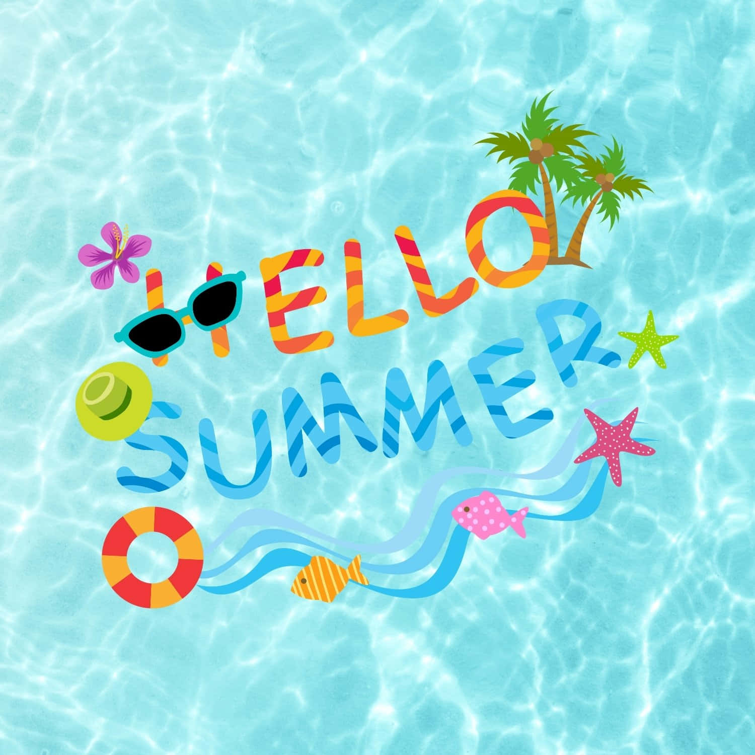  壁紙 — 充滿活力的「hello summer」文字漂浮在藍綠色泳池水中，搭配太陽眼鏡、魚、海星和棕櫚樹。
