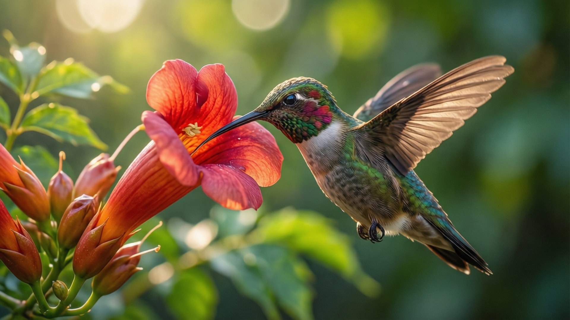 Morning Nectar Feast 壁紙 — 一隻充滿活力的蜂鳥在半空中盤旋，從一朵鮮紅色的喇叭花中吸取花蜜，背景是柔和的綠色散景。