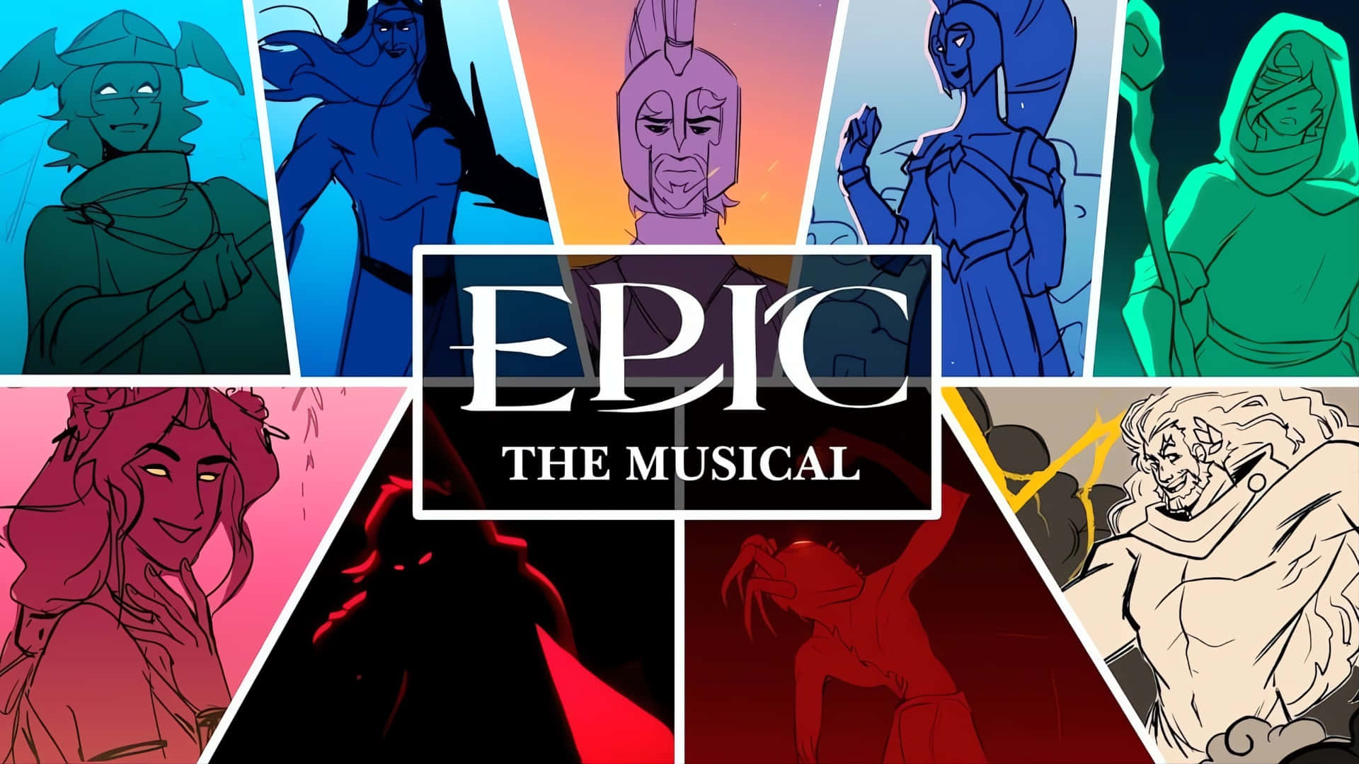  壁紙 — 鮮豔的插圖角色肖像以大膽的色彩區塊圍繞標題「EPIC THE MUSICAL」，形成風格化的拼貼畫。