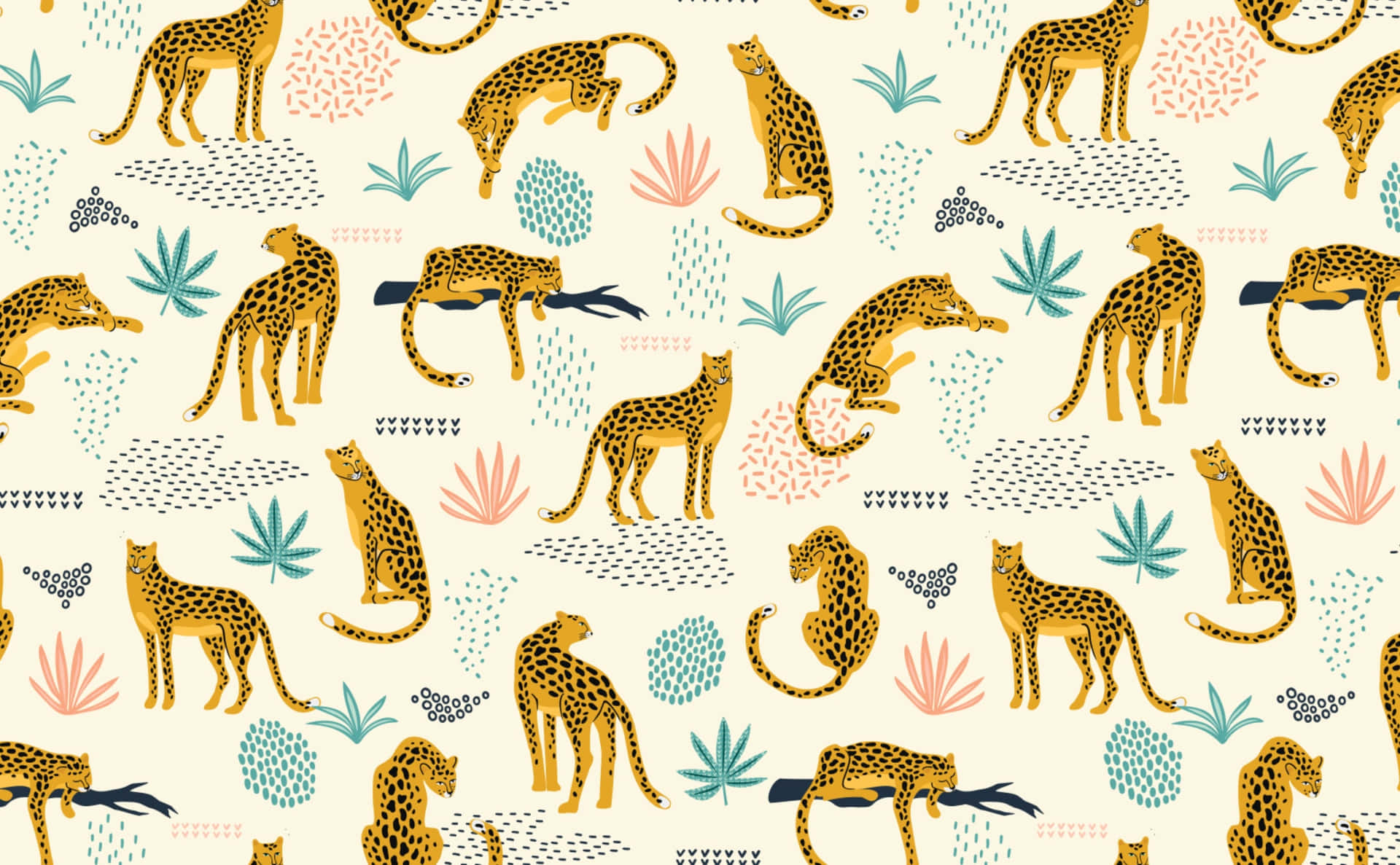  壁紙 — 充滿活力的插圖獵豹，金黃色帶黑色斑點，在帶有風格化熱帶植物的奶油色背景上漫步。