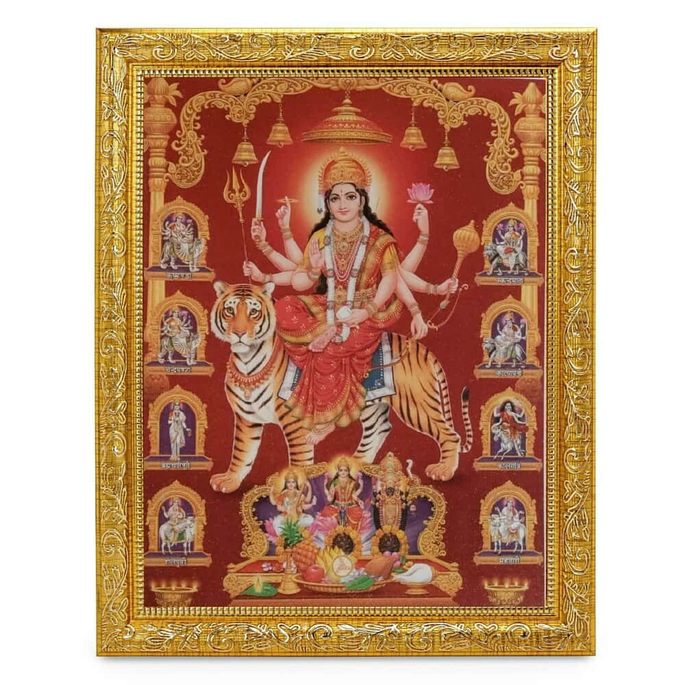  壁紙 — 一幅充滿活力的插圖，描繪了印度教女神杜爾迦（Durga）多臂騎虎，周圍環繞著神聖人物和華麗的金色框架，背景為深紅色。