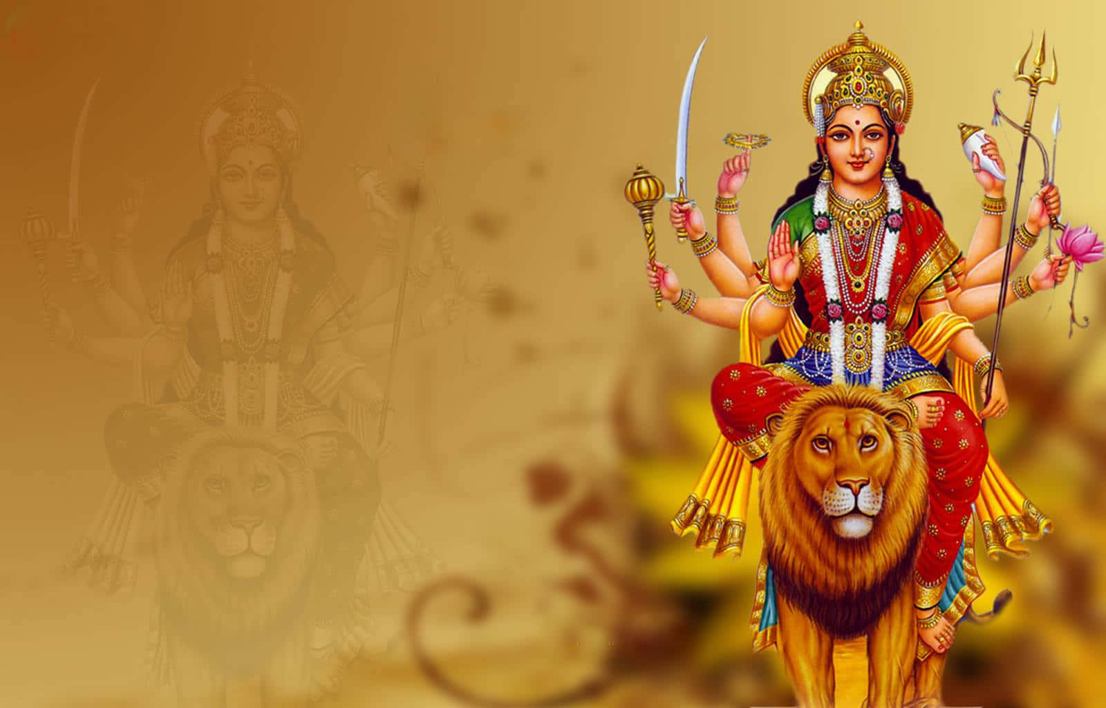  壁紙 — 一幅充滿活力的插圖，描繪了印度教女神杜爾迦（Durga）擁有十臂，騎著一頭兇猛的獅子，手持武器和蓮花，背景為金色。