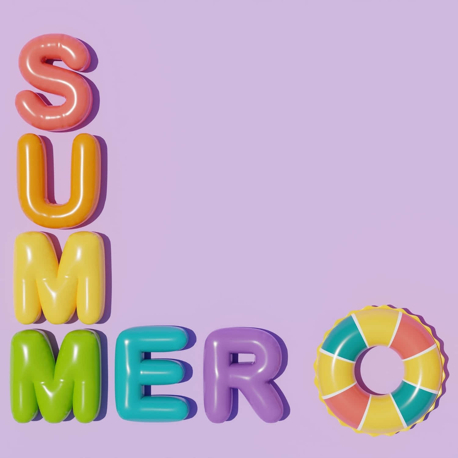  壁紙 — 鮮豔的充氣夏日字母和彩虹浮圈漂浮在柔和的薰衣草背景上。