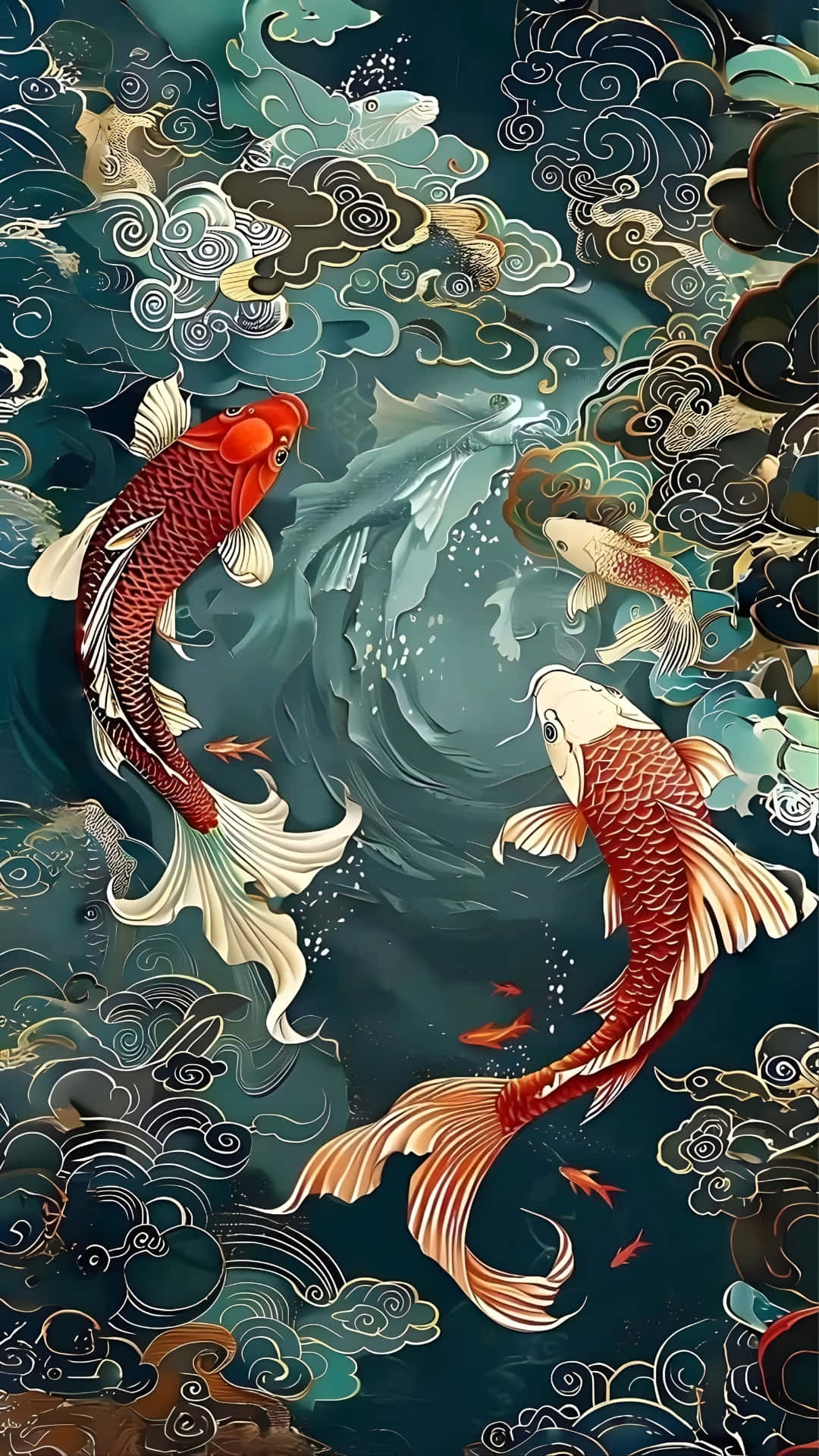  壁紙 — 色彩鮮豔的錦鯉在旋轉的深青色雲朵中優雅游動，呈現華麗的傳統插圖。