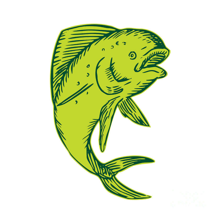  壁紙 — 一條充滿活力的萊姆綠色魚，帶有深綠色輪廓和詳細的陰影線，以風格化插圖呈現。