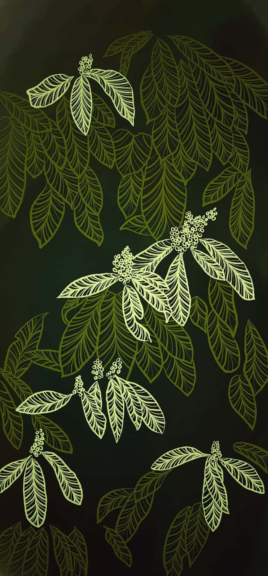  壁紙 — 充滿活力的萊姆綠色熱帶葉片，帶有精緻的葉脈圖案，在深墨綠色背景上漂浮，呈現風格化的植物插圖。