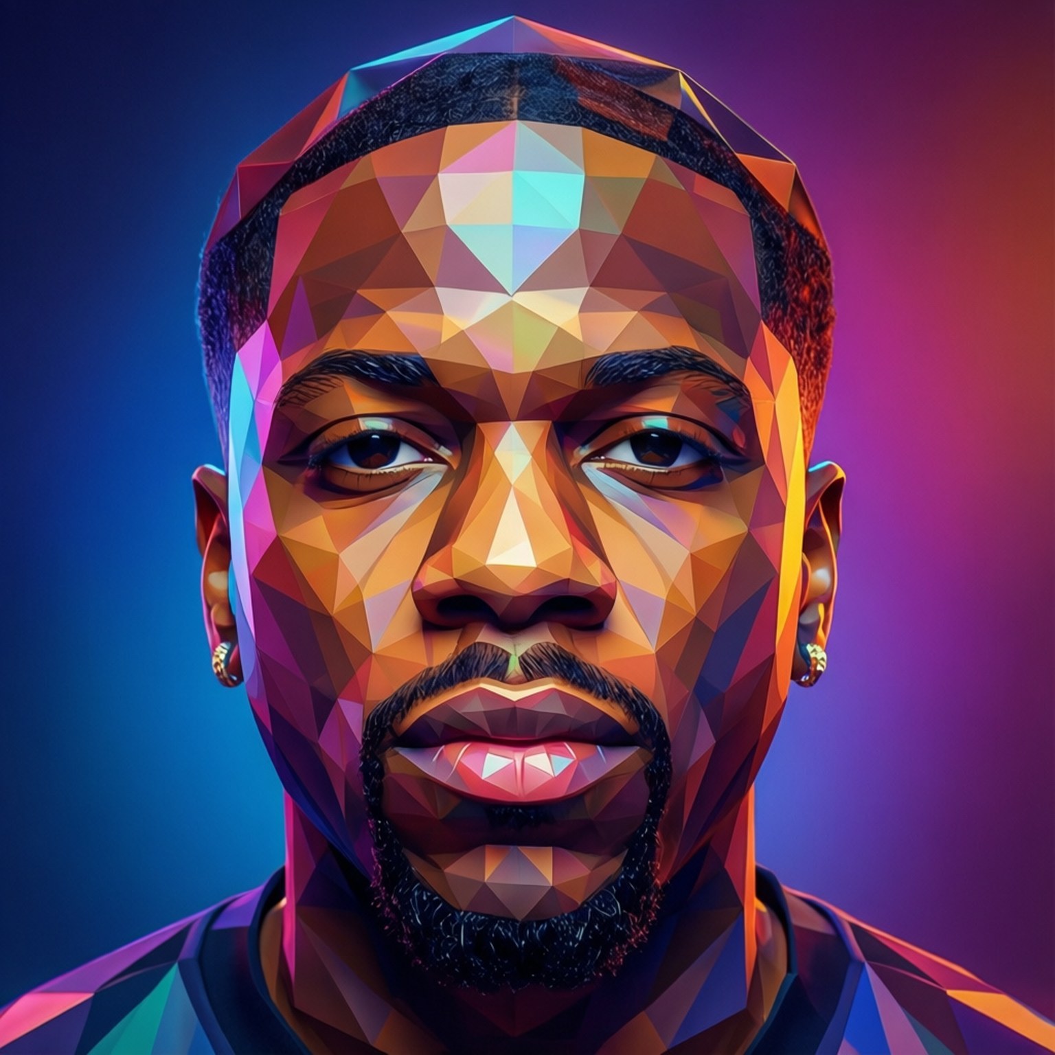 Low-Poly Render 壁紙 — 一個充滿活力的低多邊形肖像，描繪一位帶有幾何切面的男士，色調溫暖，背景為藍紫漸變色。