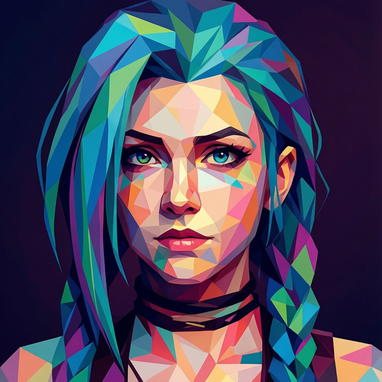 Geometric Portrait 壁紙 — 一個充滿活力的低多邊形肖像，描繪一位辮子頭髮、藍色眼睛強烈的女性，背景為深色。
