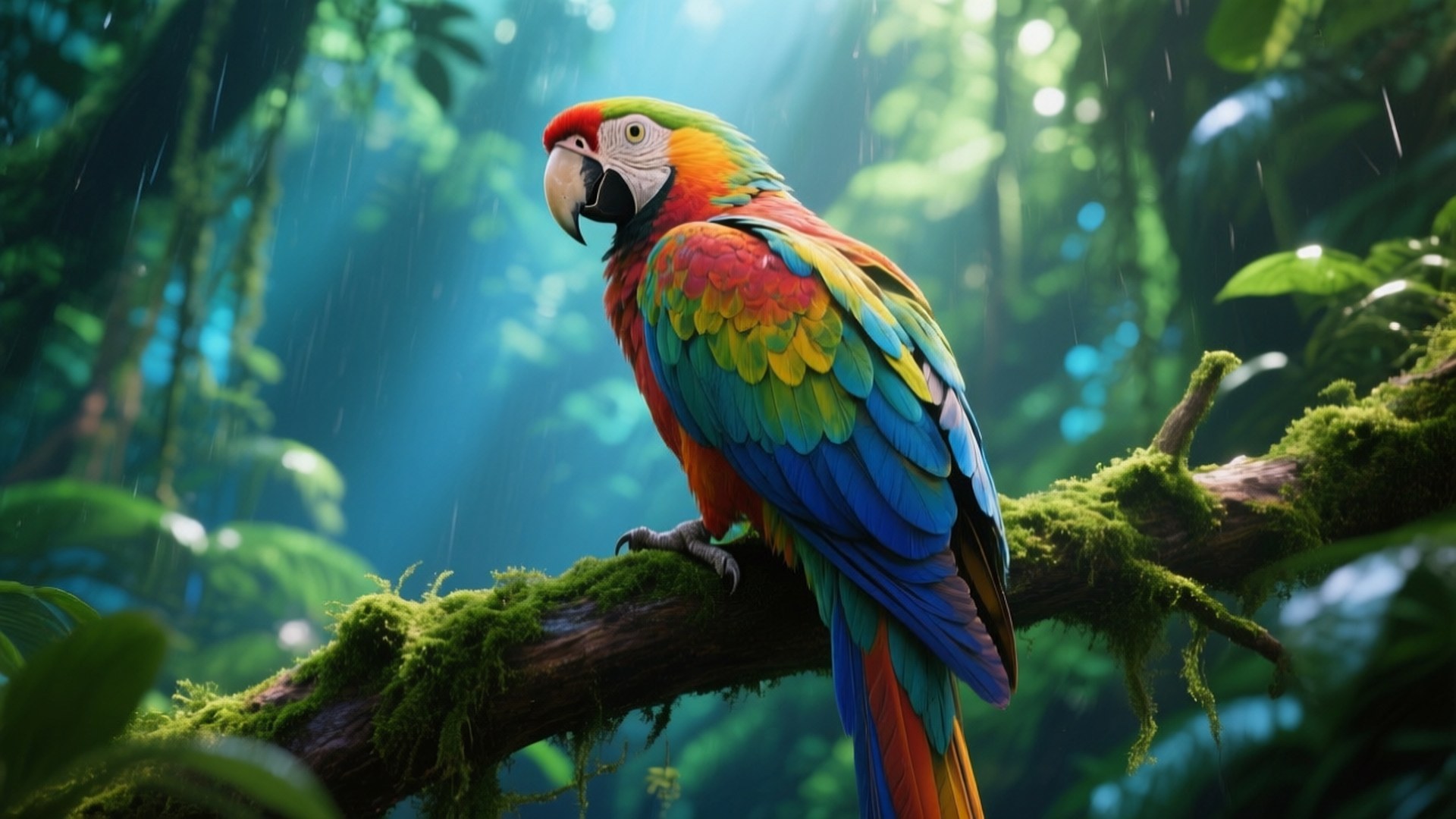 Macaw in Rainforest 壁紙 — 一隻色彩鮮豔的金剛鸚鵡棲息在陽光普照的雨林中長滿苔蘚的樹枝上，光線穿過樹冠。