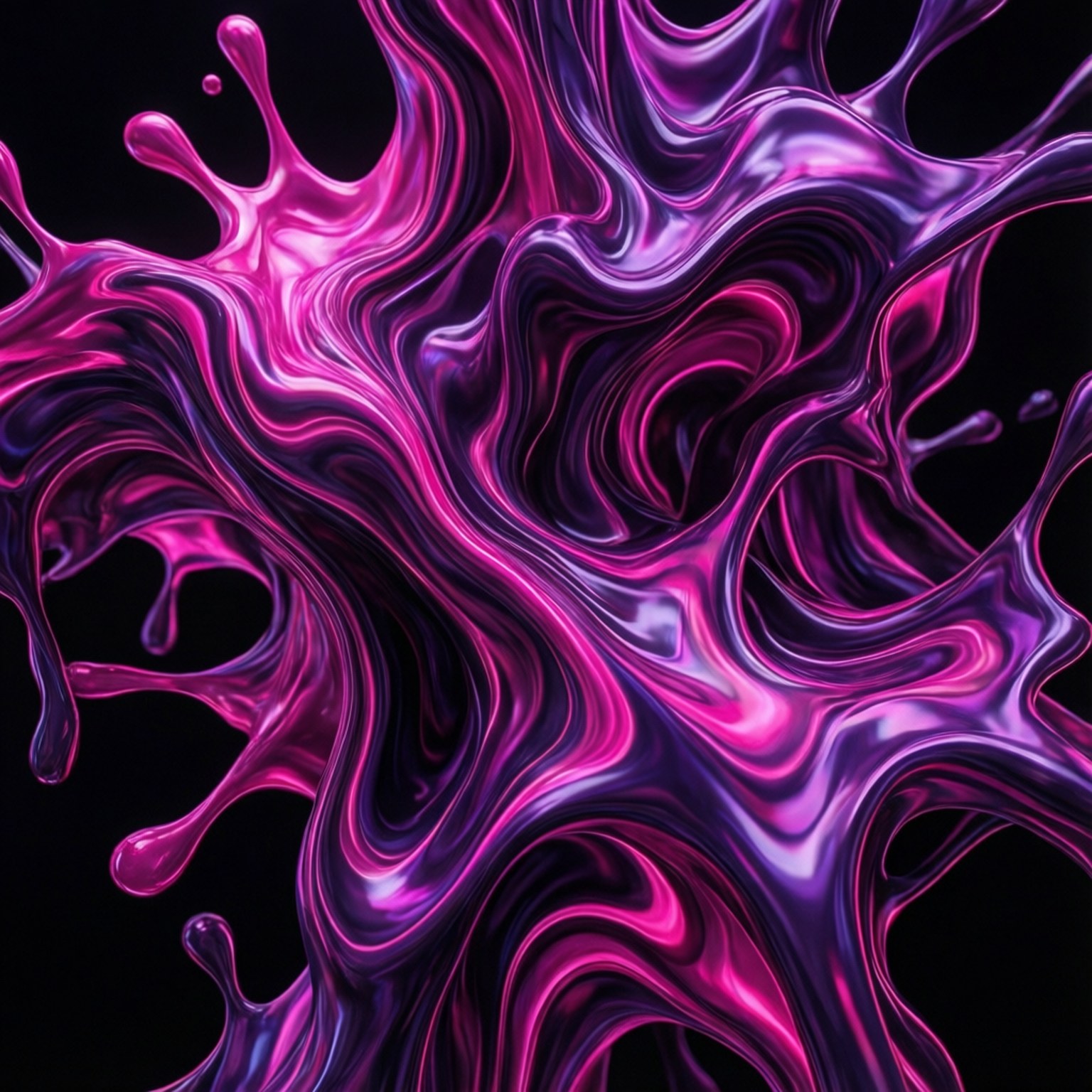 Neon Liquid Flow 壁紙 — 充滿活力的洋紅色和紫色液體漩渦在純黑色背景上動態飛濺。