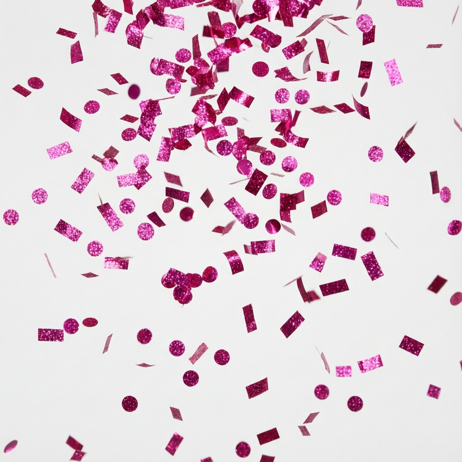 Pink Confetti Sparkle 壁紙 — 充滿活力的洋紅色閃粉紙屑碎片在純白背景上動態漂浮。
