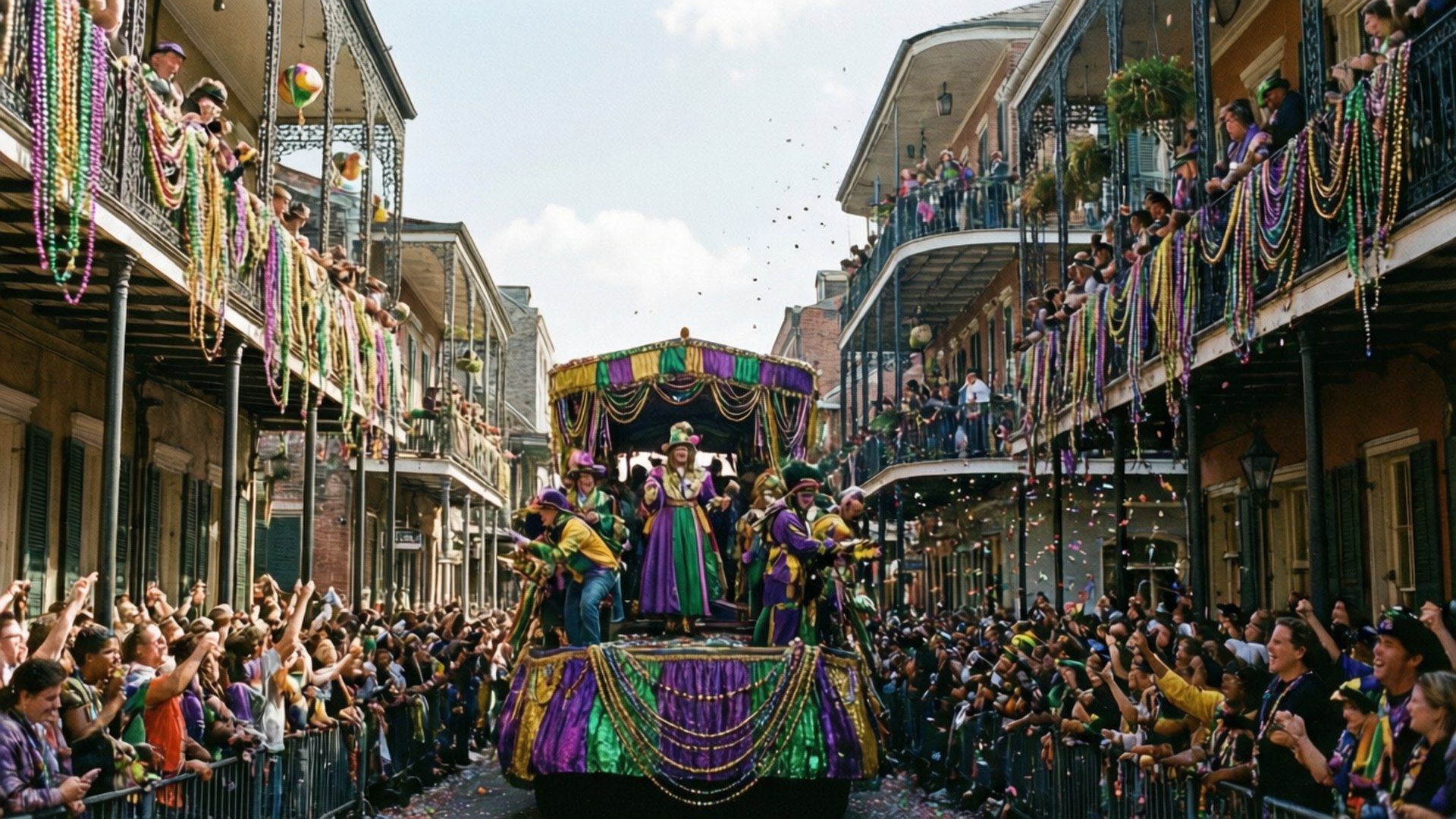 Mardi Gras Festivities 壁紙 — 一場充滿活力的狂歡節遊行沿著一條狹窄的街道行進，街道兩旁的陽台上擠滿了歡呼的人群，他們正在拋灑珠子。