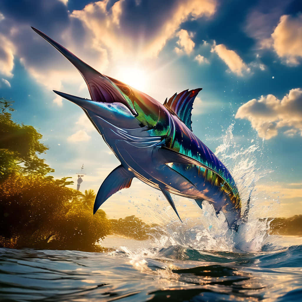  壁紙 — 一條充滿活力的馬林魚在金色夕陽天空下，從海浪中戲劇性地躍起，天空中有散落的雲朵。