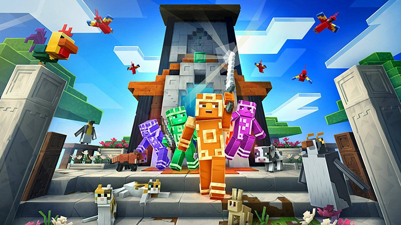 手持劍的Minecraft角色站在塔前，塔周圍有飛行的生物和彩色方塊。 — 1280x720 Minecraft 壁紙 壁紙