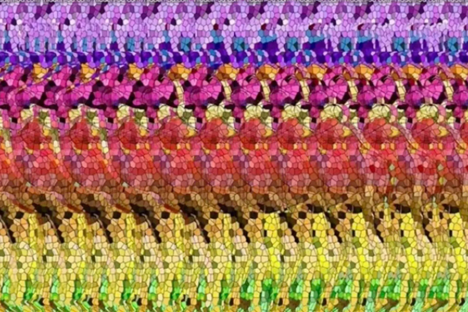 抽象數位馬賽克，在漸變帶中呈現色彩繽紛的幾何形狀。 — 3D 壁紙