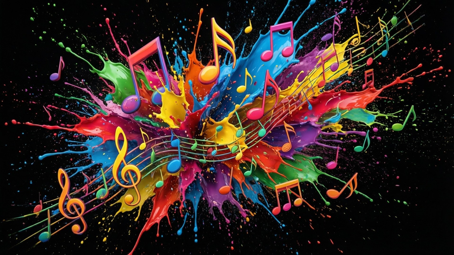 Music Note Splash 壁紙 — 鮮豔的音符和高音譜號在黑色背景上爆炸成彩虹色油漆飛濺。