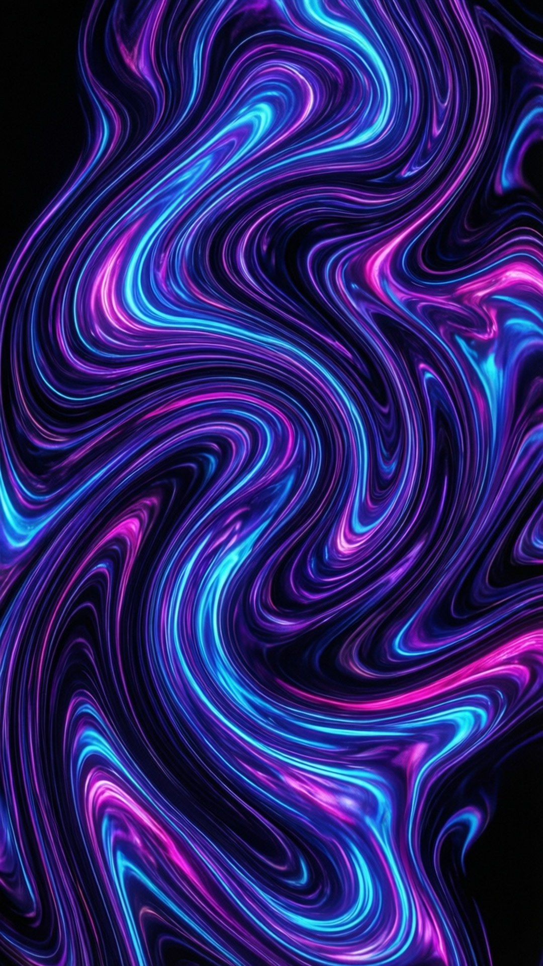 Neon Fluid Abstraction 壁紙 — 充滿活力的霓虹藍和洋紅色液體漩渦在深黑色背景上動態流動。