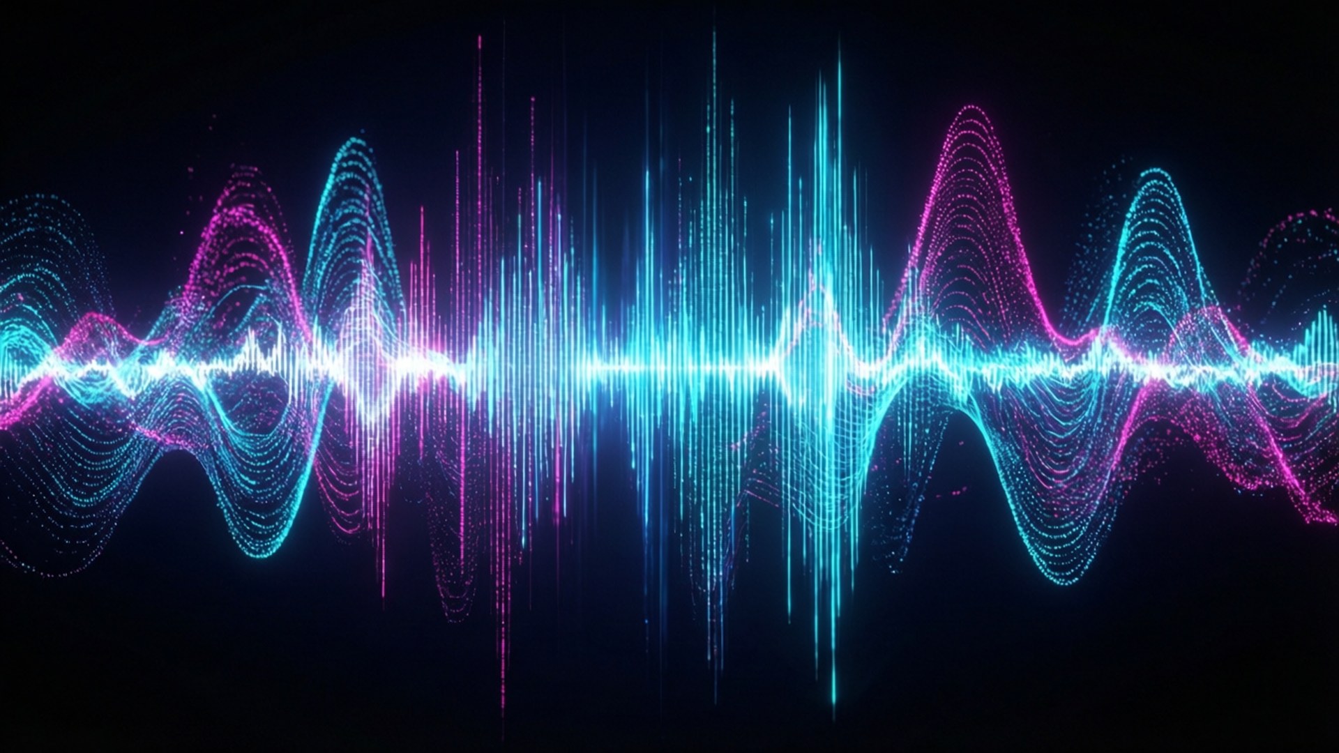 Electronic Music 桌布 壁紙 — 充滿活力的霓虹藍色和粉紅色聲波粒子在黑色背景上動態脈動。