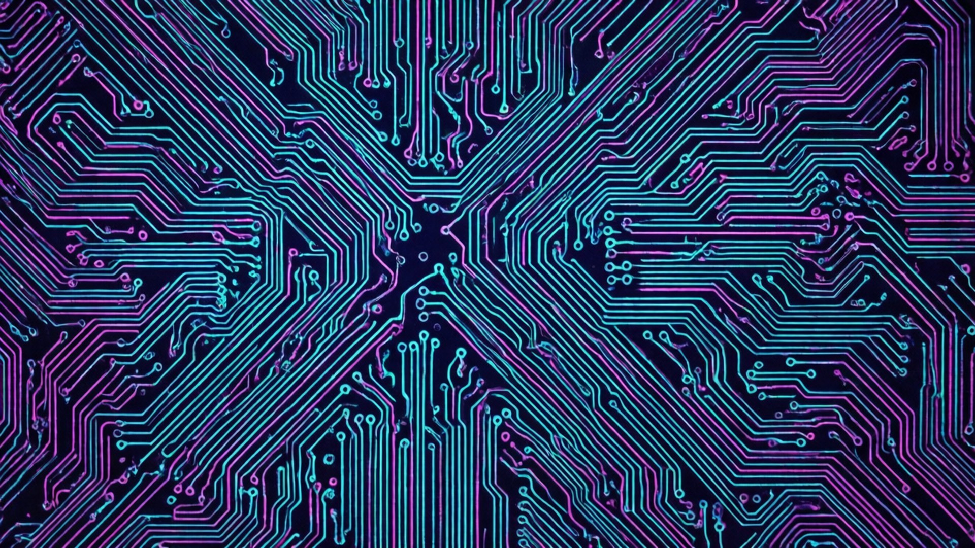 Fractal Circuit 壁紙 — 充滿活力的霓虹藍色和紫色電路板圖案在深黑色背景上對稱地輻射。
