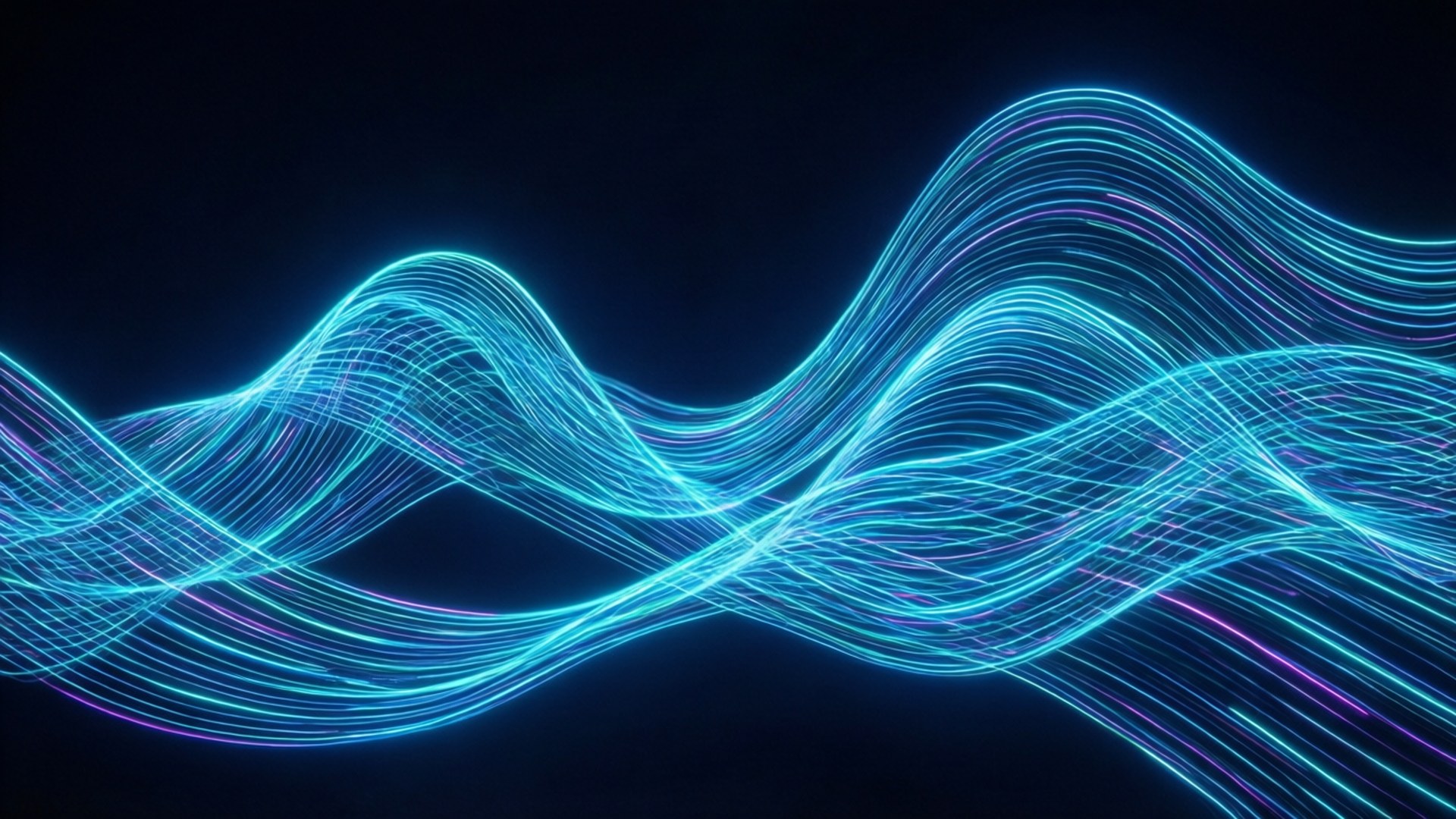 Neon Wave Abstraction 壁紙 — 充滿活力的霓虹藍色和紫色發光線條在深黑色背景上流動，形成平滑起伏的波浪。