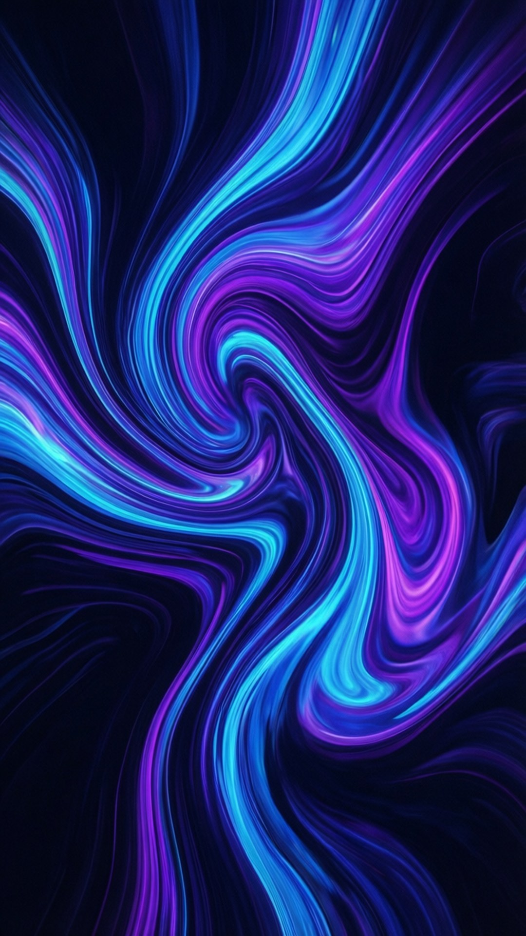 Neon Fluid Swirls 壁紙 — 充滿活力的霓虹藍色和紫色液體漩渦在深黑色背景上動態流動。