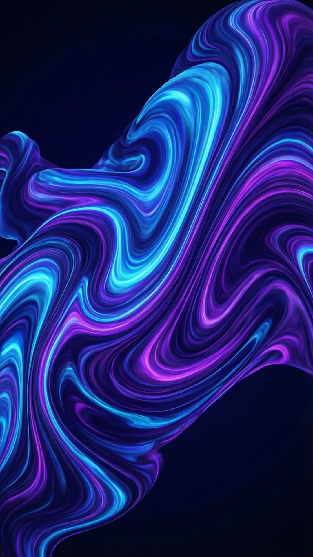 Neon Fluid Swirls 壁紙 — 充滿活力的霓虹藍色和紫色液體漩渦在深黑色背景上動態流動。