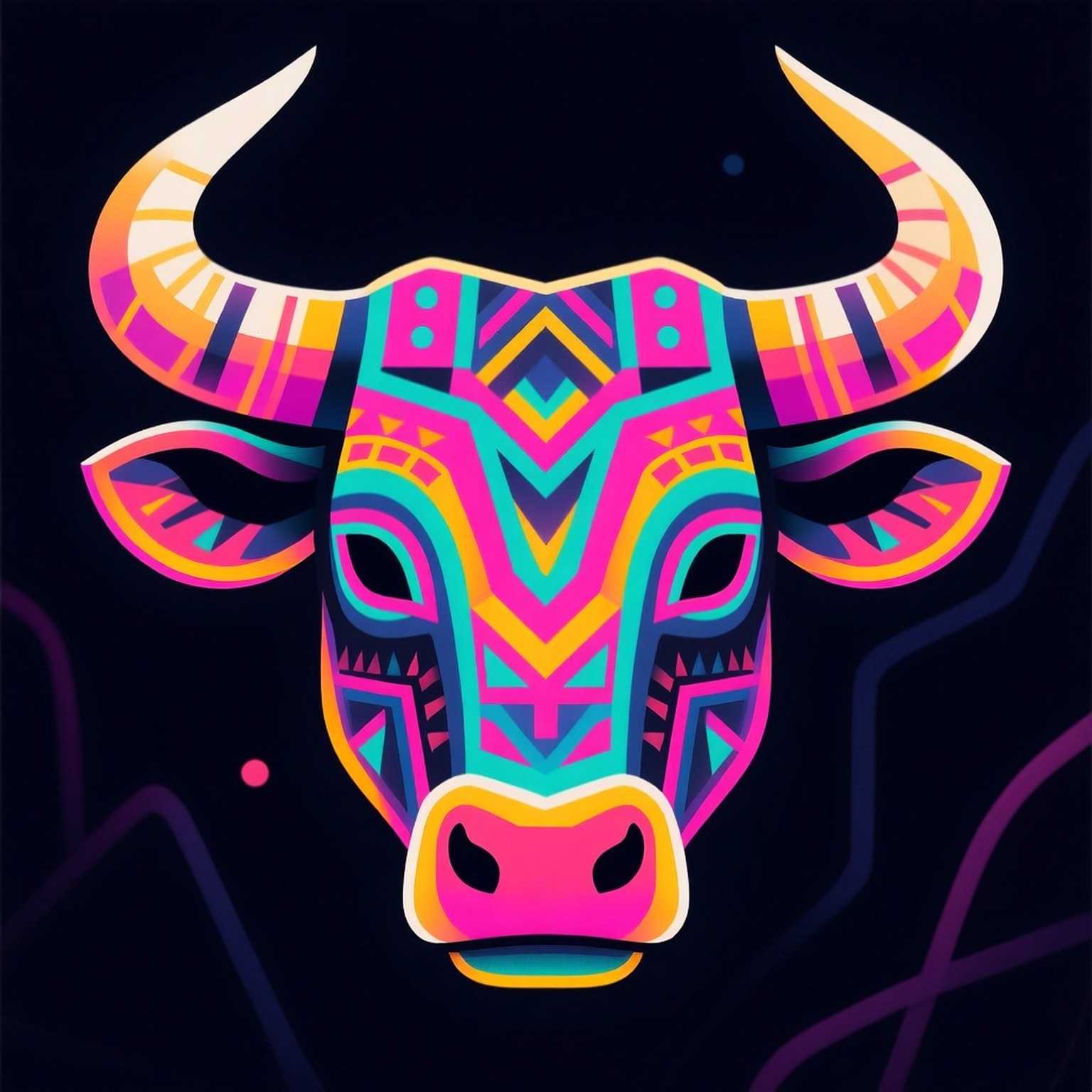 Geometric Ox Head 壁紙 — 一個充滿活力的霓虹公牛頭，帶有幾何部落圖案和發光的角，背景是黑暗的宇宙。