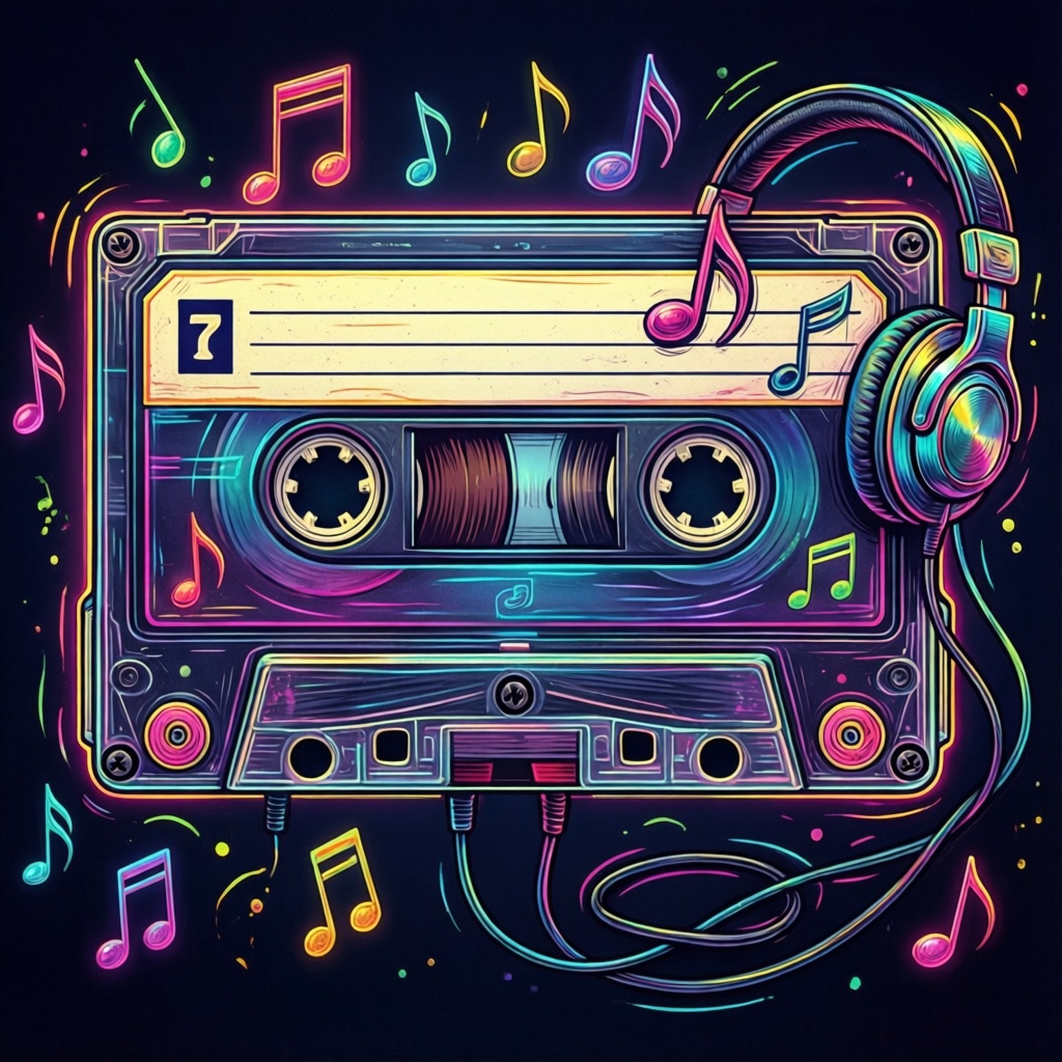 Retro Cassette Neon Doodle 壁紙 — 充滿活力的霓虹卡式帶，配有耳機和漂浮的音樂符號，背景為深色。
